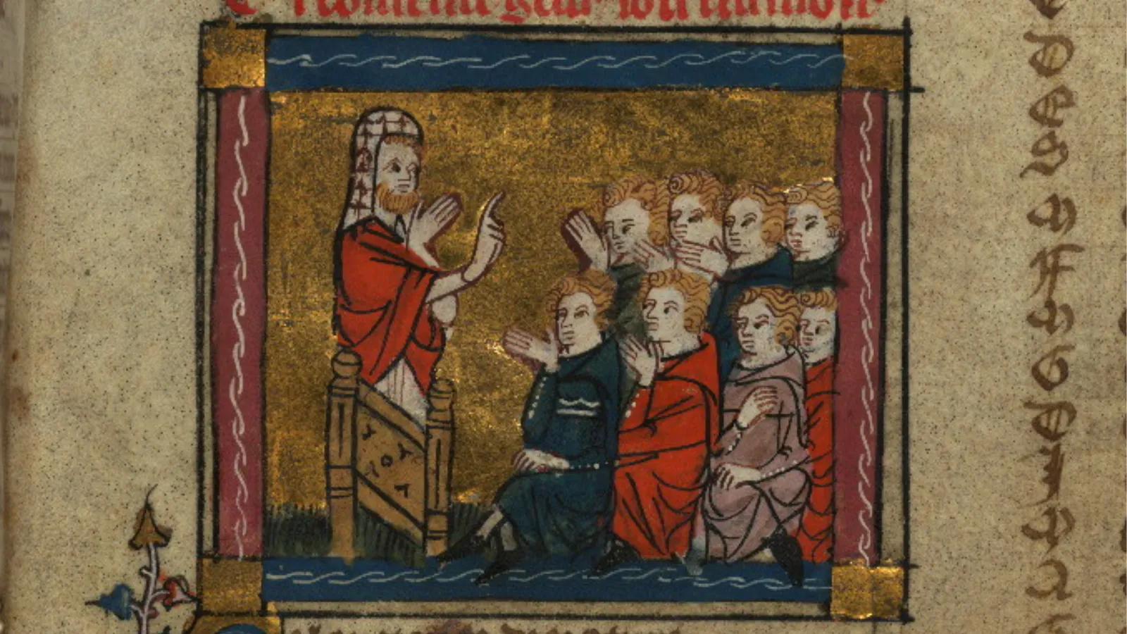 Illumination from Genius Roman de la Rose, Baltimore, Walters Library 143 fol. 128 r depicting an instructor teaching students. 