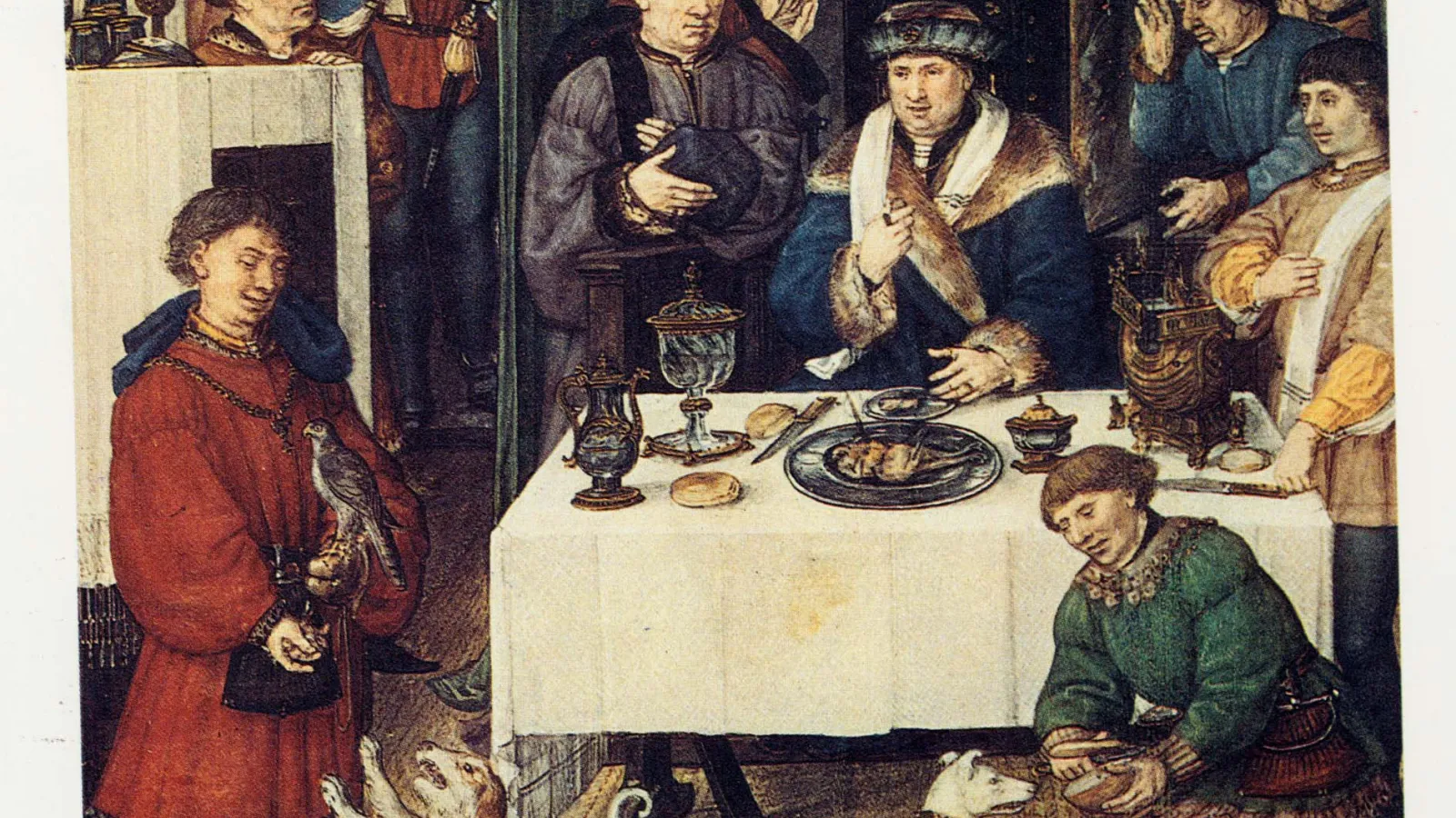 A painting from the medieval era with people around a table