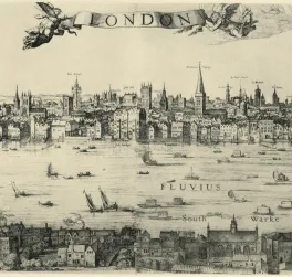 A black-and-white print of seventeenth century London.